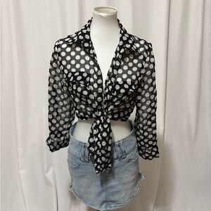 Passport Black & White Polka Dot Tie-Front Sheer Blouse